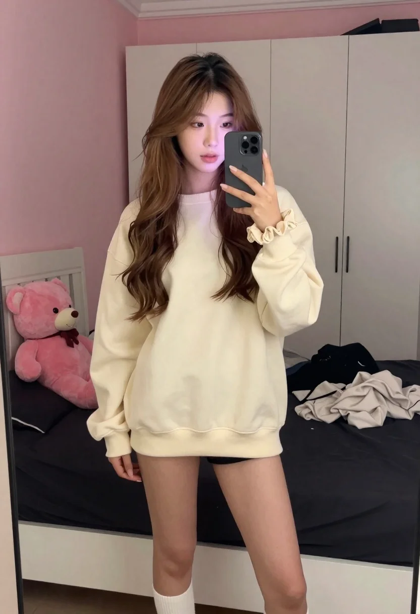 Young Woman With Long Wavy Brown Hair Taking Mirror Selfie reference photo