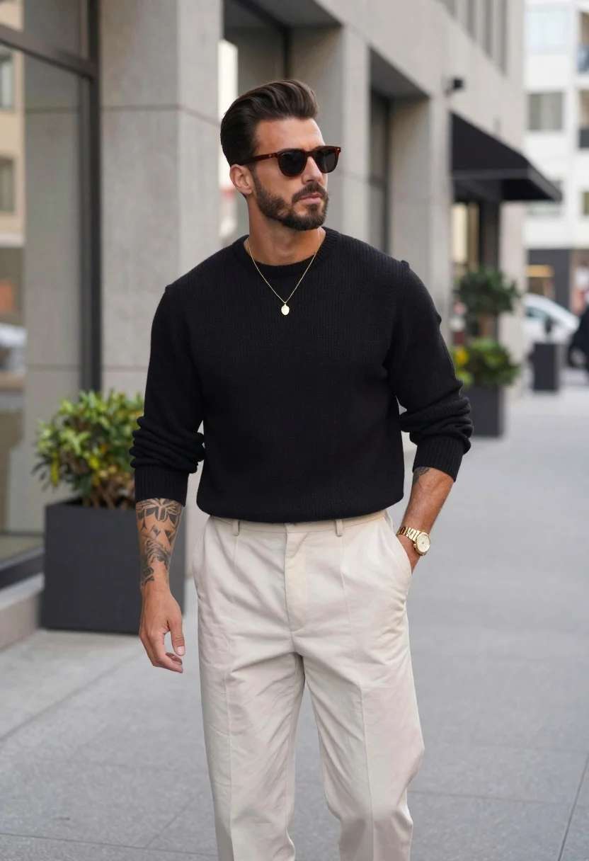 A stylish man in dark sunglasses stands confidently on a city sidewalk, wearing a black ribbed sweater and cream trousers, showcasing his tattoos.