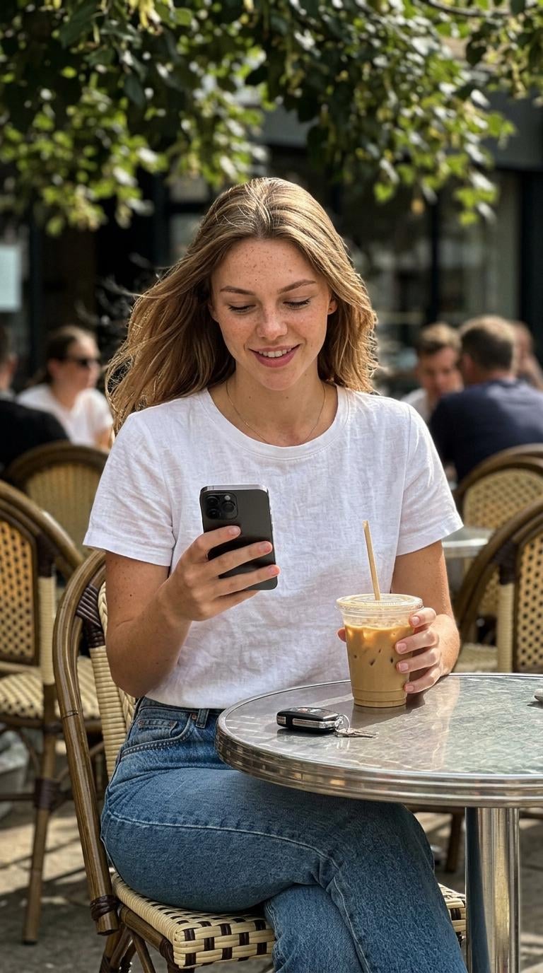 Sidewalk Cafe Person Looking At Smartphone At Bistro Table