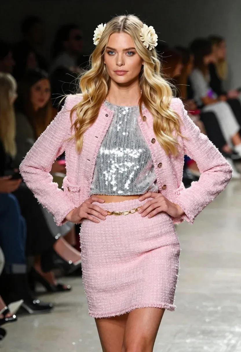 Confident Blonde Woman Walks Fashion Runway Wearing Pink Tweed Ensemble
