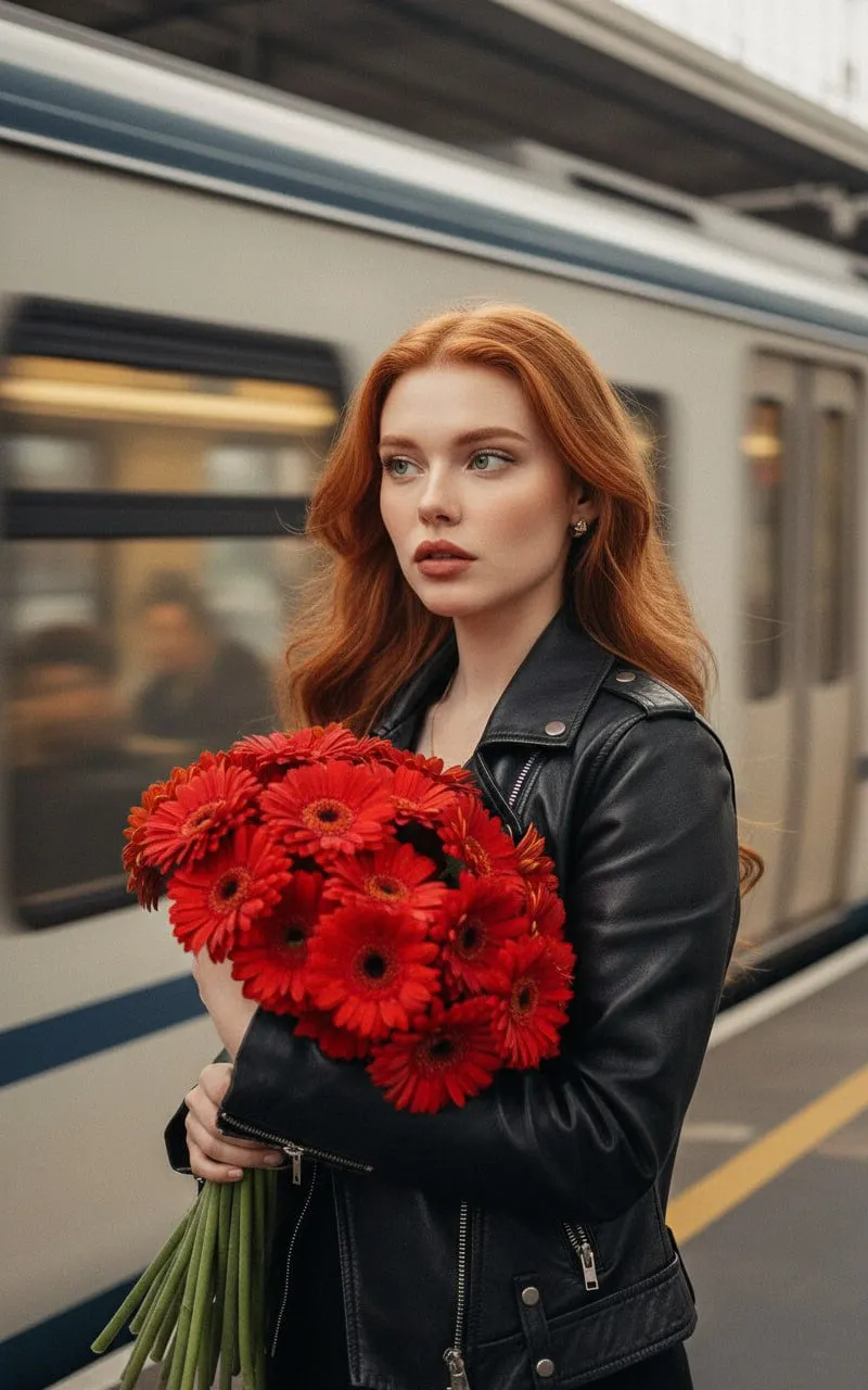 Leather Jacket Red Gerbera Bouquet