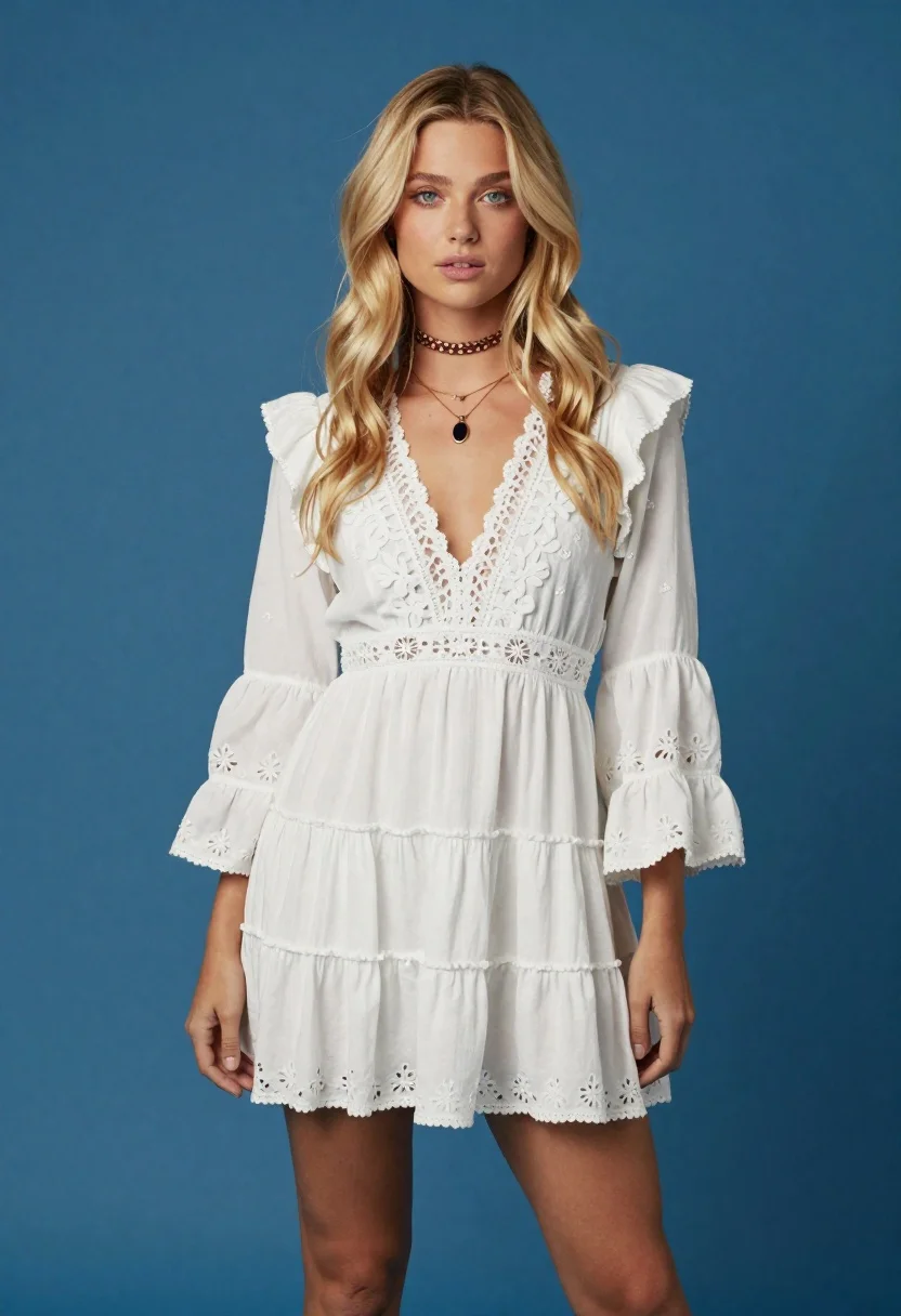 Confident Young Woman With Long Wavy Blonde Hair Stands Against