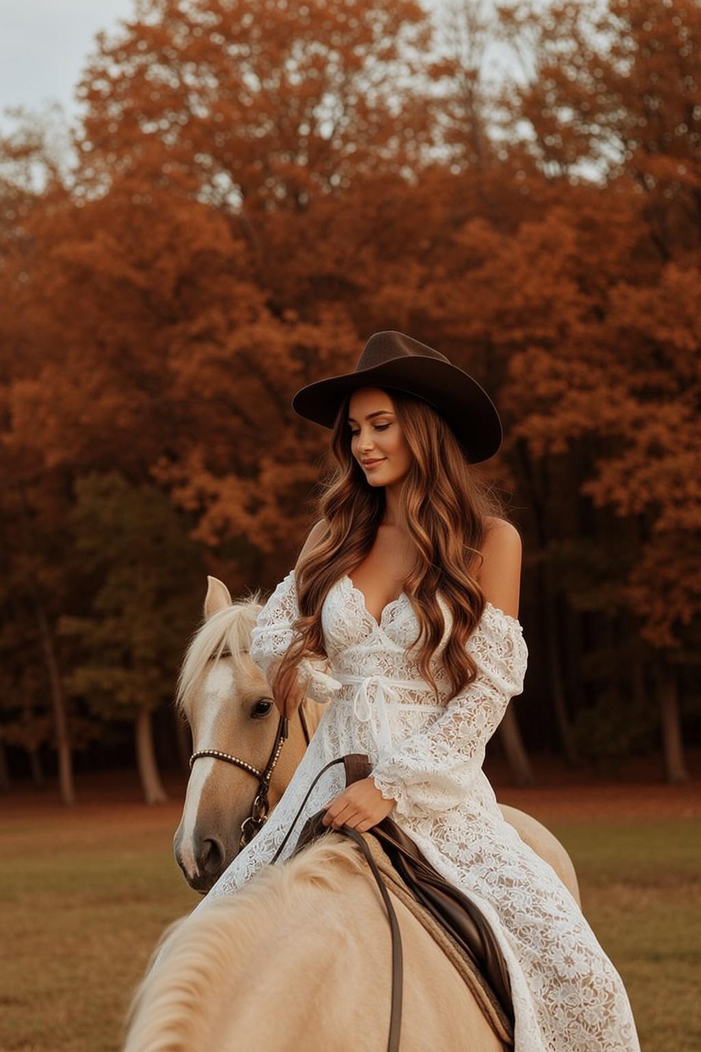Cowgirl Seated Light-colored Horse Facing Slightly Her