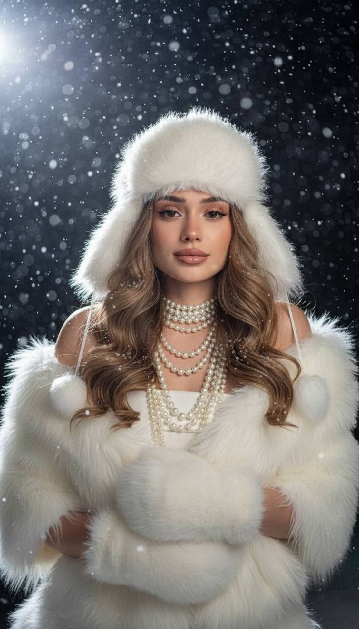 A woman in a fluffy faux fur ushanka hat and luxurious furry wrap, surrounded by falling snowflakes in a dramatic winter setting.