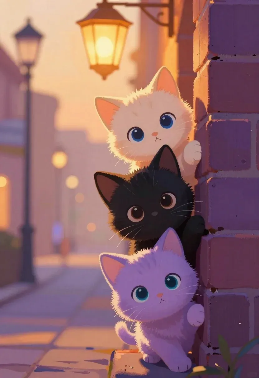 Soft And Dreamy Digital Painting Featuring Three Adorable Kittens Peeking