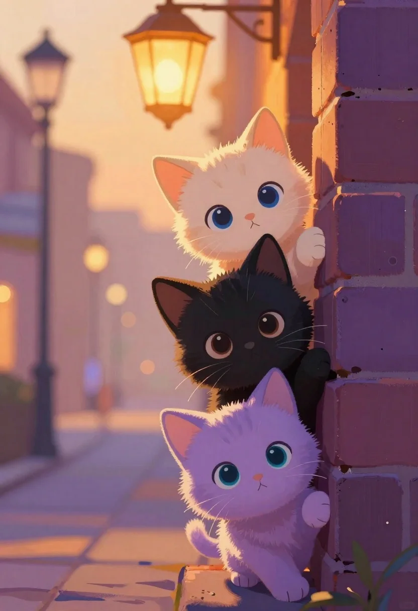 Soft And Dreamy Digital Painting Featuring Three Adorable Kittens Peeking reference photo