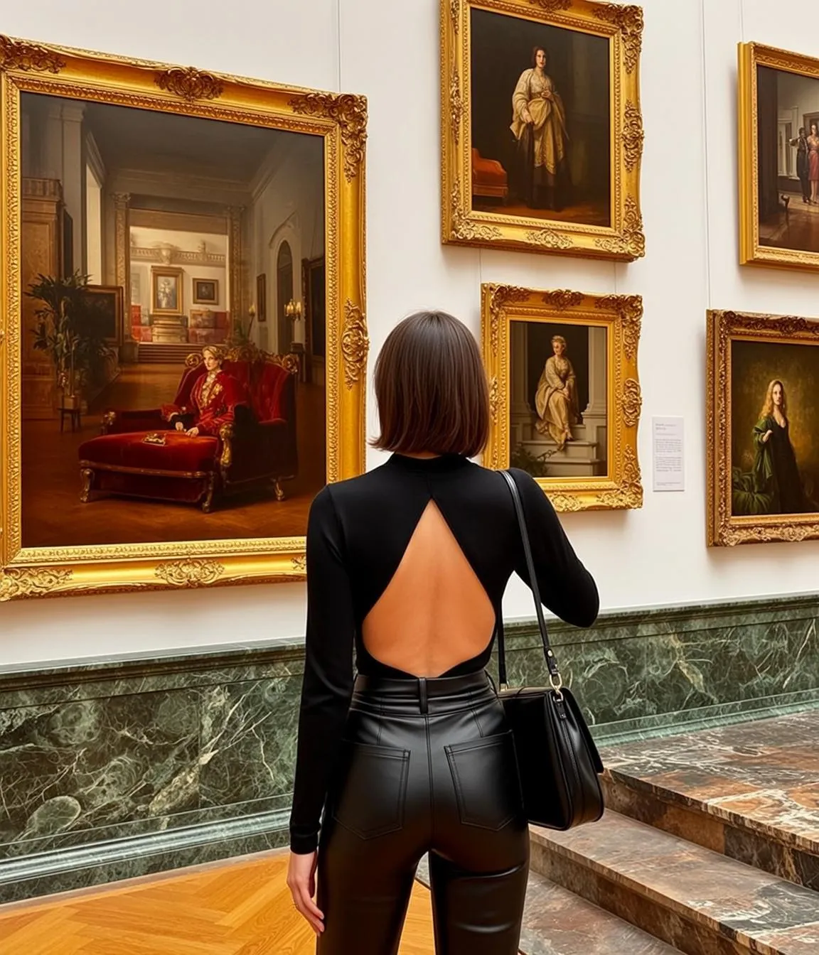 Art Museum Woman Black Cutout Top Leather Pants