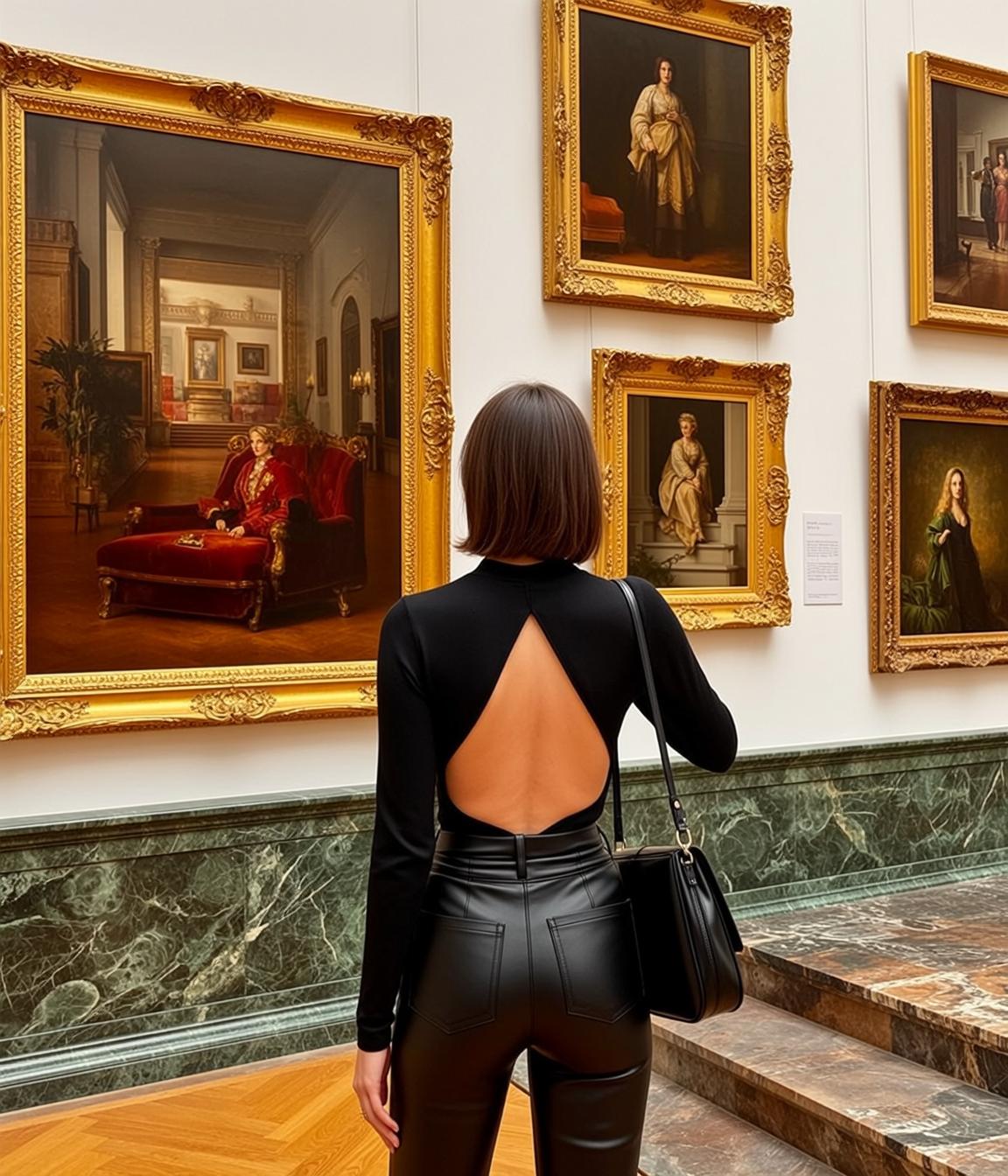 Art Museum Woman Black Cutout Top Leather Pants