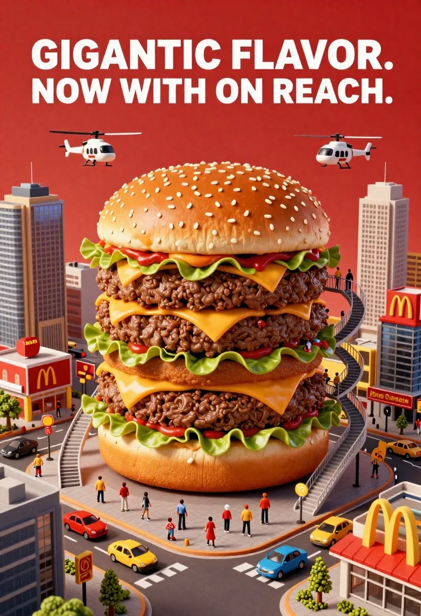 A surreal cityscape showcasing a colossal hamburger towering over skyscrapers, surrounded by tiny people and vehicles.