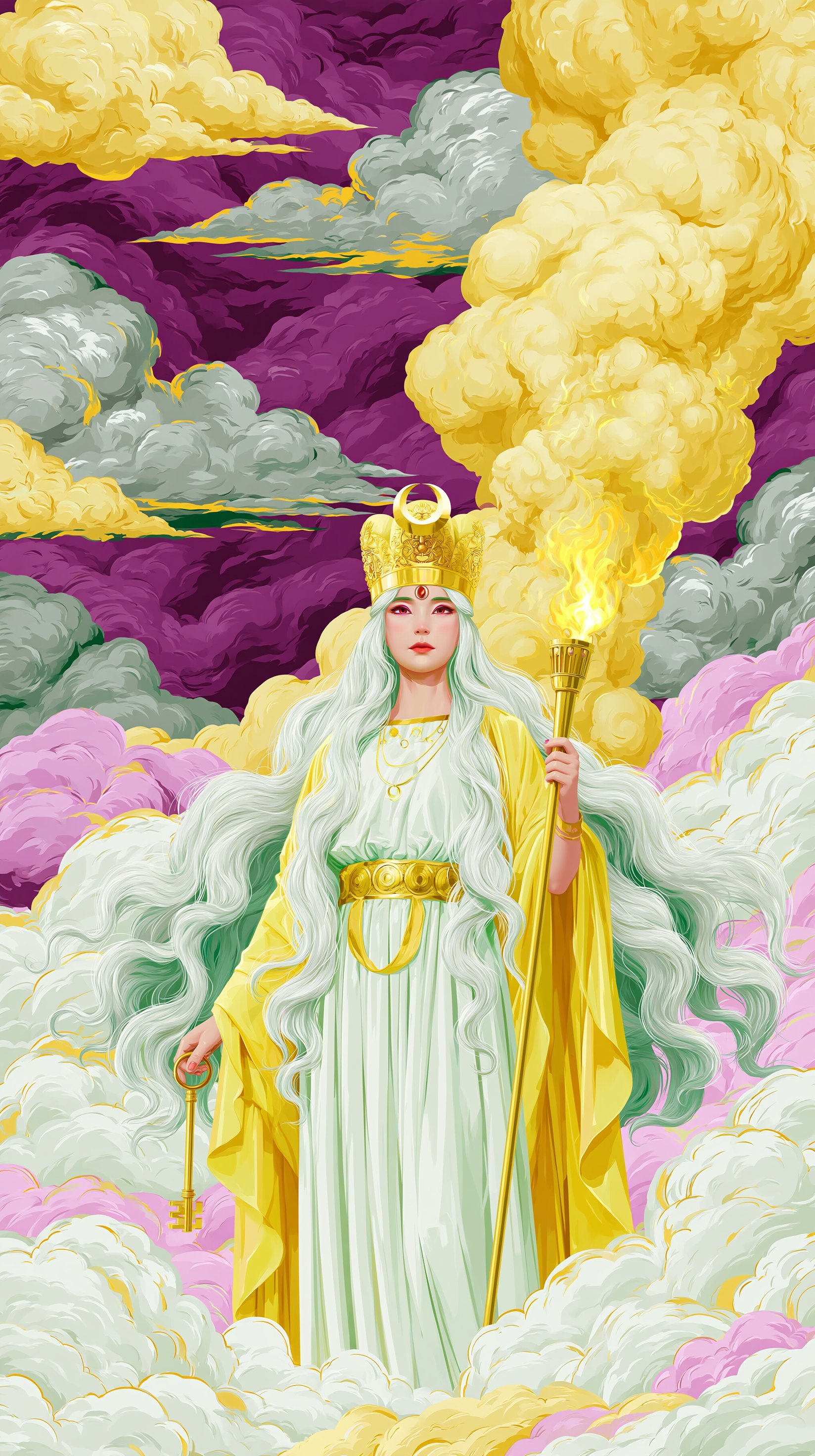 Goddess In Stylized Clouds Golden Crown Torch Key