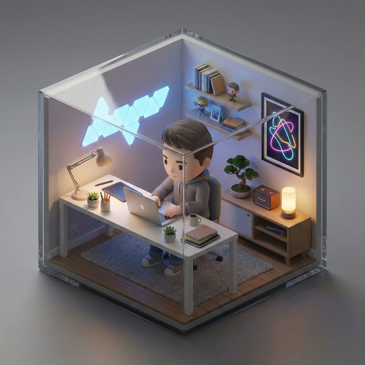 An isometric 3D cube-shaped miniature room featuring colorful furniture and warm sunlight illuminating the scene.