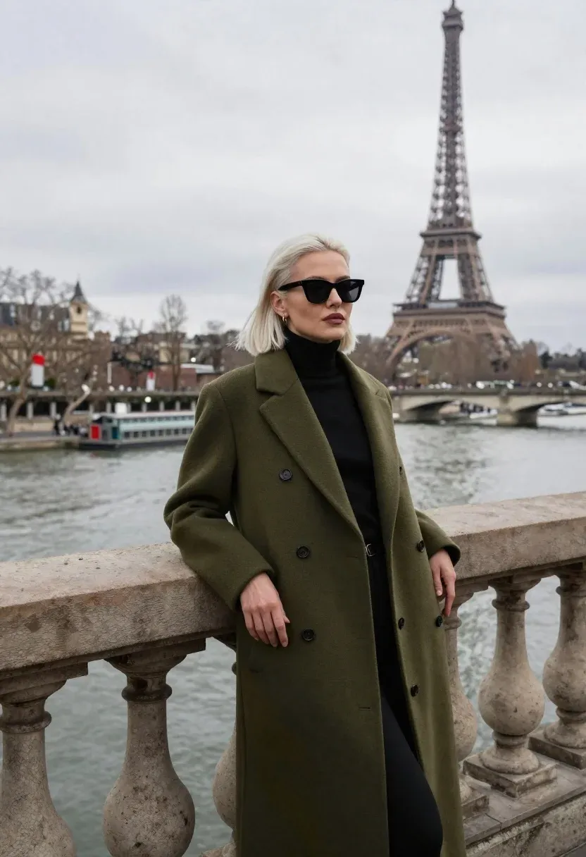 Stylish Woman With Platinum Blonde Hair Stands Leaning Against Stone