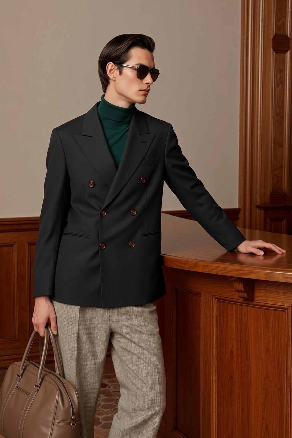 Young Dark Slicked Back Pale Green Turtleneck