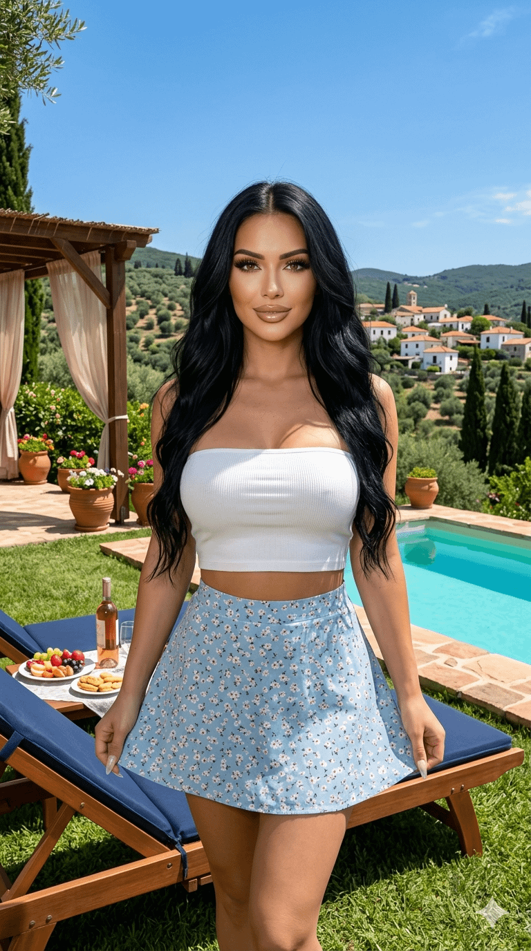 Floral Skirt By Pool With Village Background