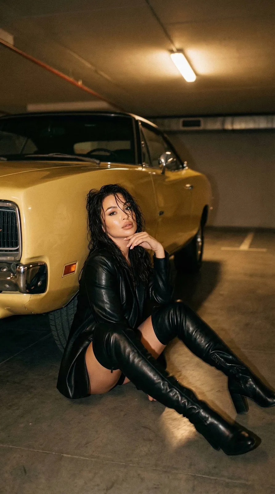 Woman Leather Boots Retro Car Parking Lot
