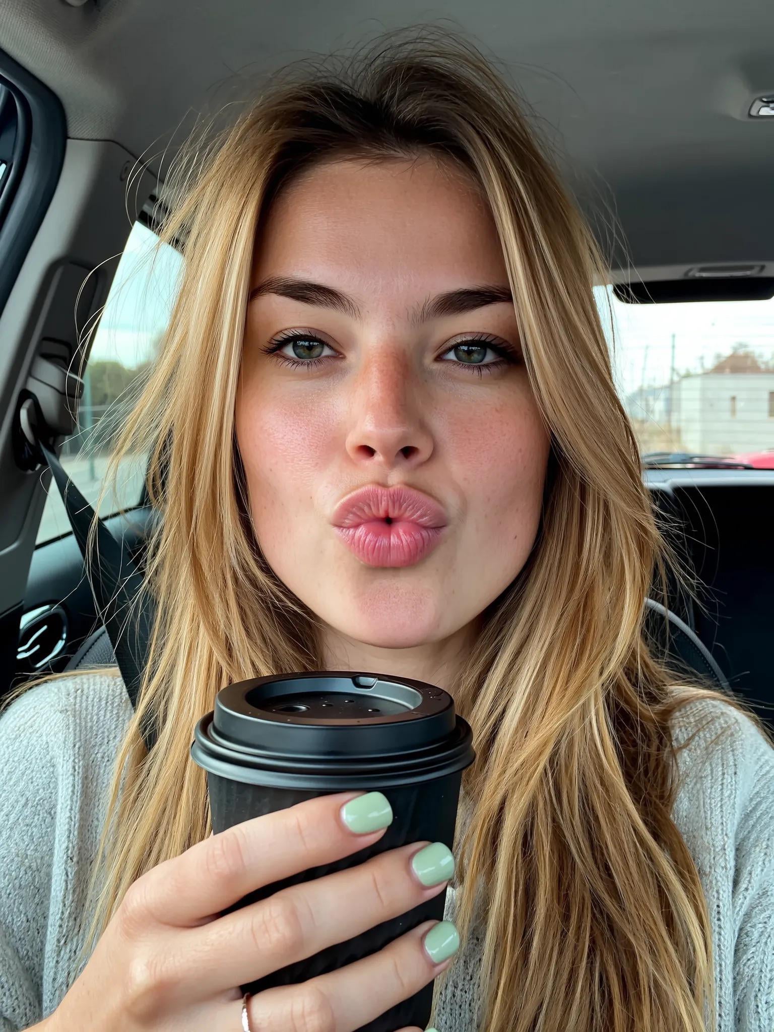 Selfie In Car Driver Seat Kiss Pastel Green Nails