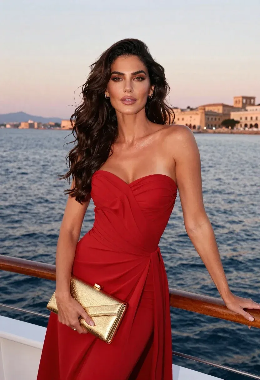 Glamorous Woman With Long Dark Wavy Hair Stands Confidently Boat