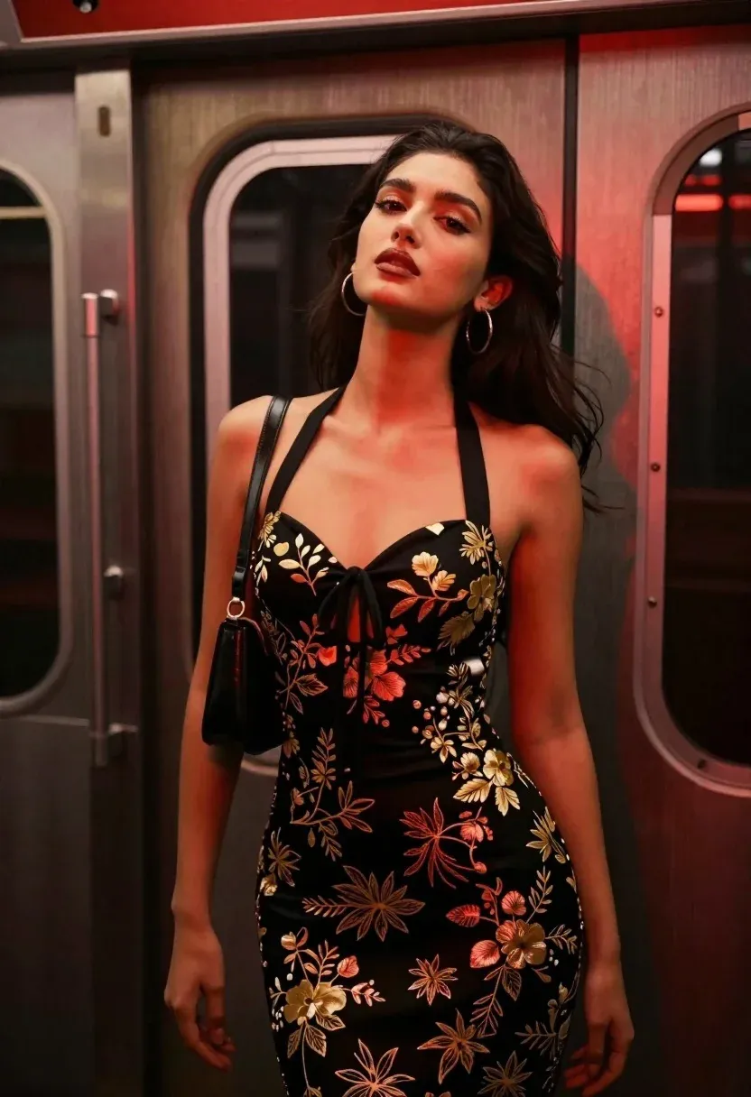 Confident Woman With Dark Hair Stands Inside Subway Car Bathed