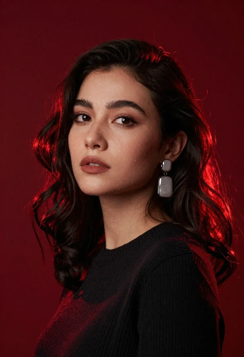 Striking Portrait Woman With Dark Wavy Hair Against Deep Red