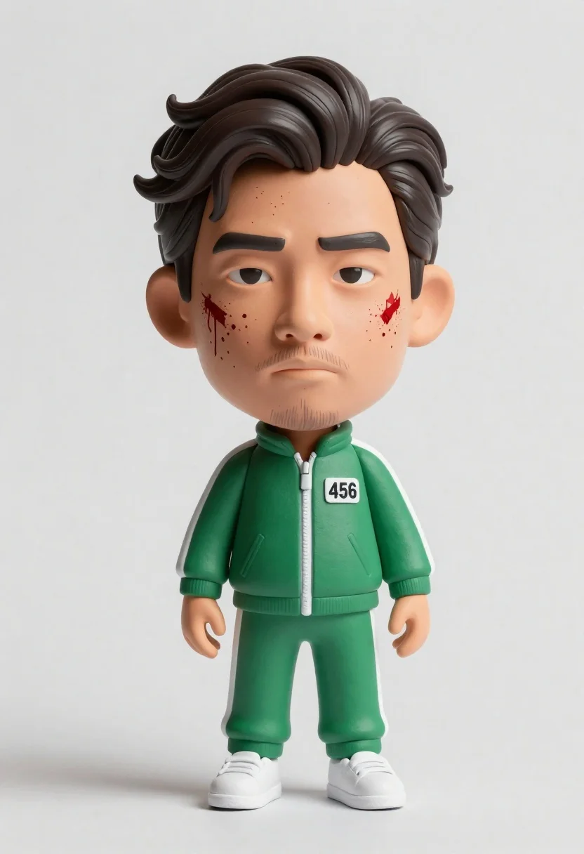A hyper-realistic 3D render of a stylized bobblehead man with dark wavy hair and a green tracksuit, exhibiting blood splatters.