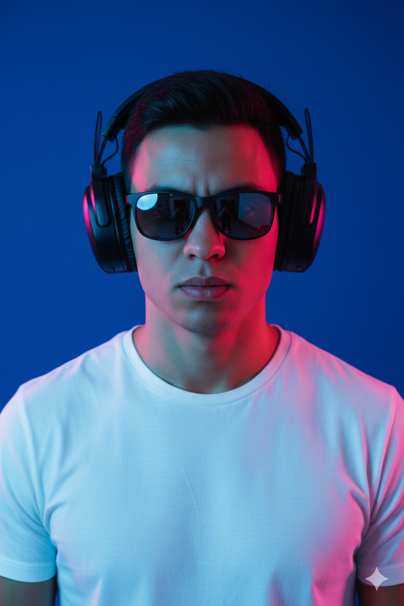 A striking editorial portrait of a man with solid blue background, wearing shades and headphones, captured in vibrant motion blur.
