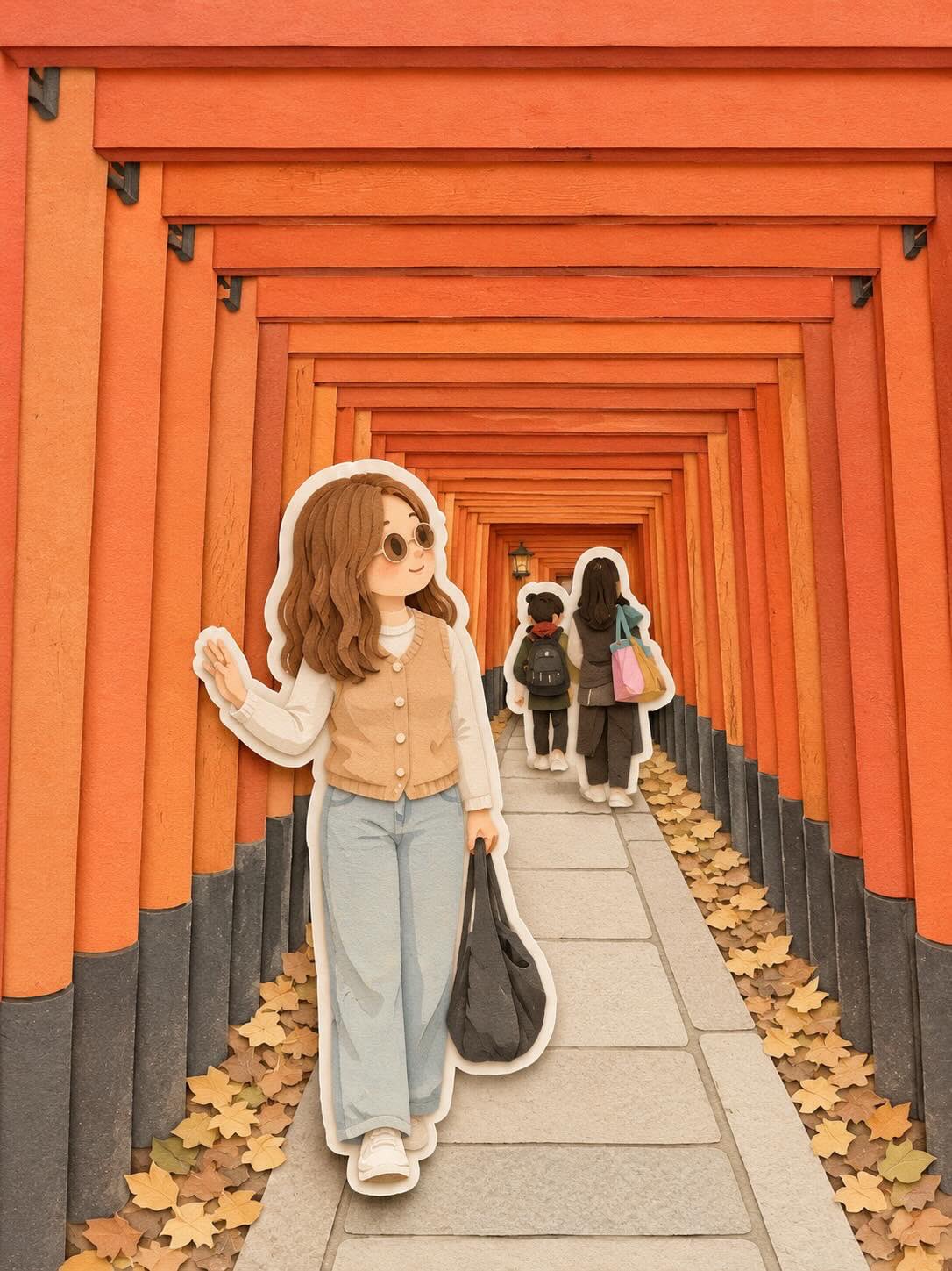 Paper Diorama Woman Walks Through Torii Gate Tunnel