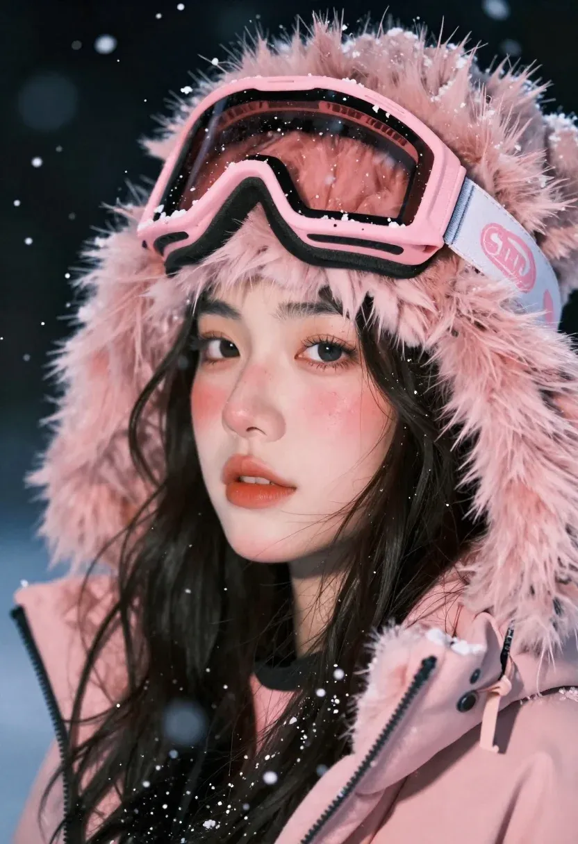Close-up Portrait Young Woman With Dark Hair Wearing Thick Pink