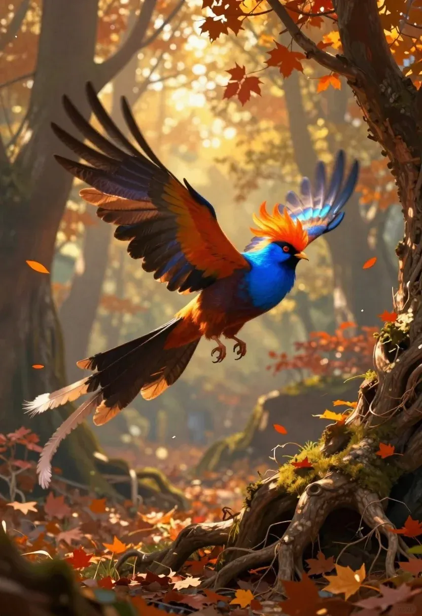 Digital Painting Vibrant Fantasy Bird Taking Flight Through Autumnal Forest