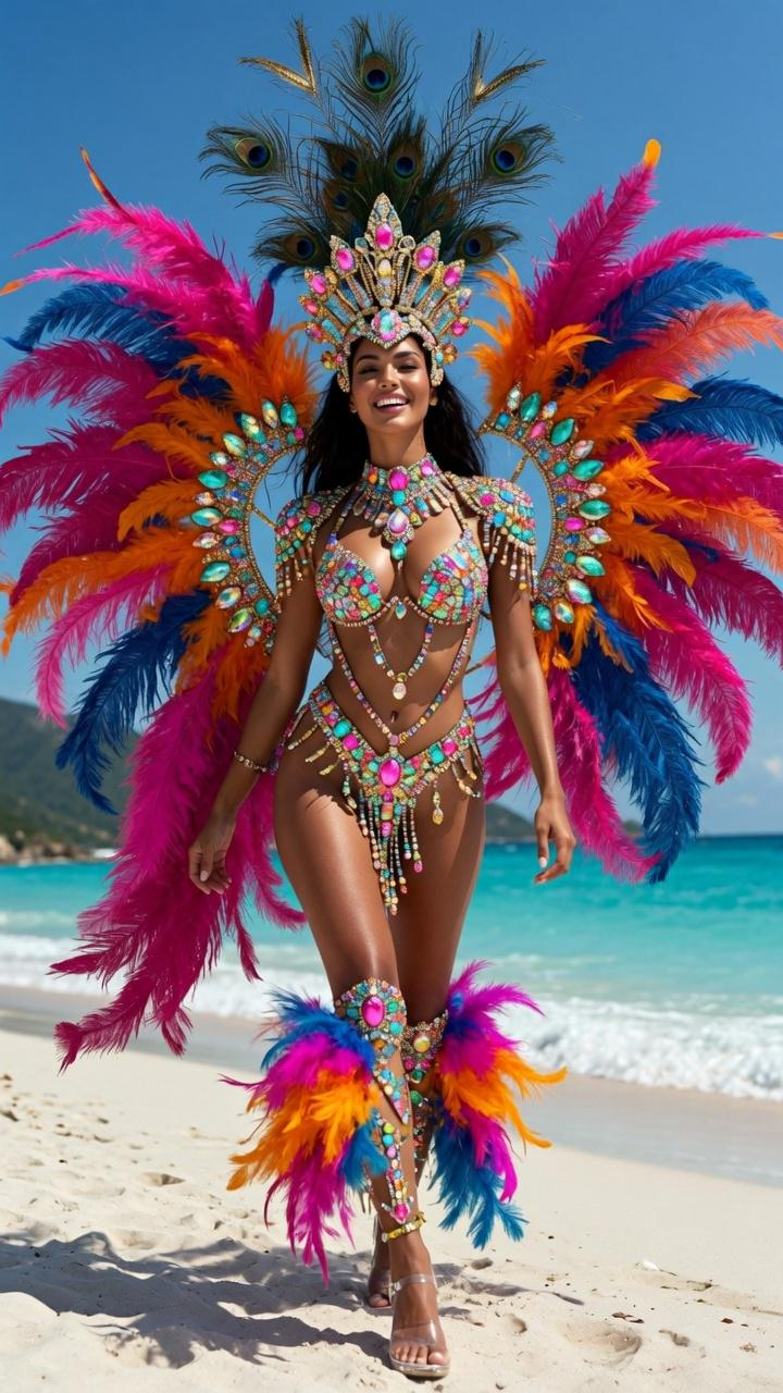 Model in an ornate jeweled carnival costume poses on bright white sand with turquoise ocean waves in the background.