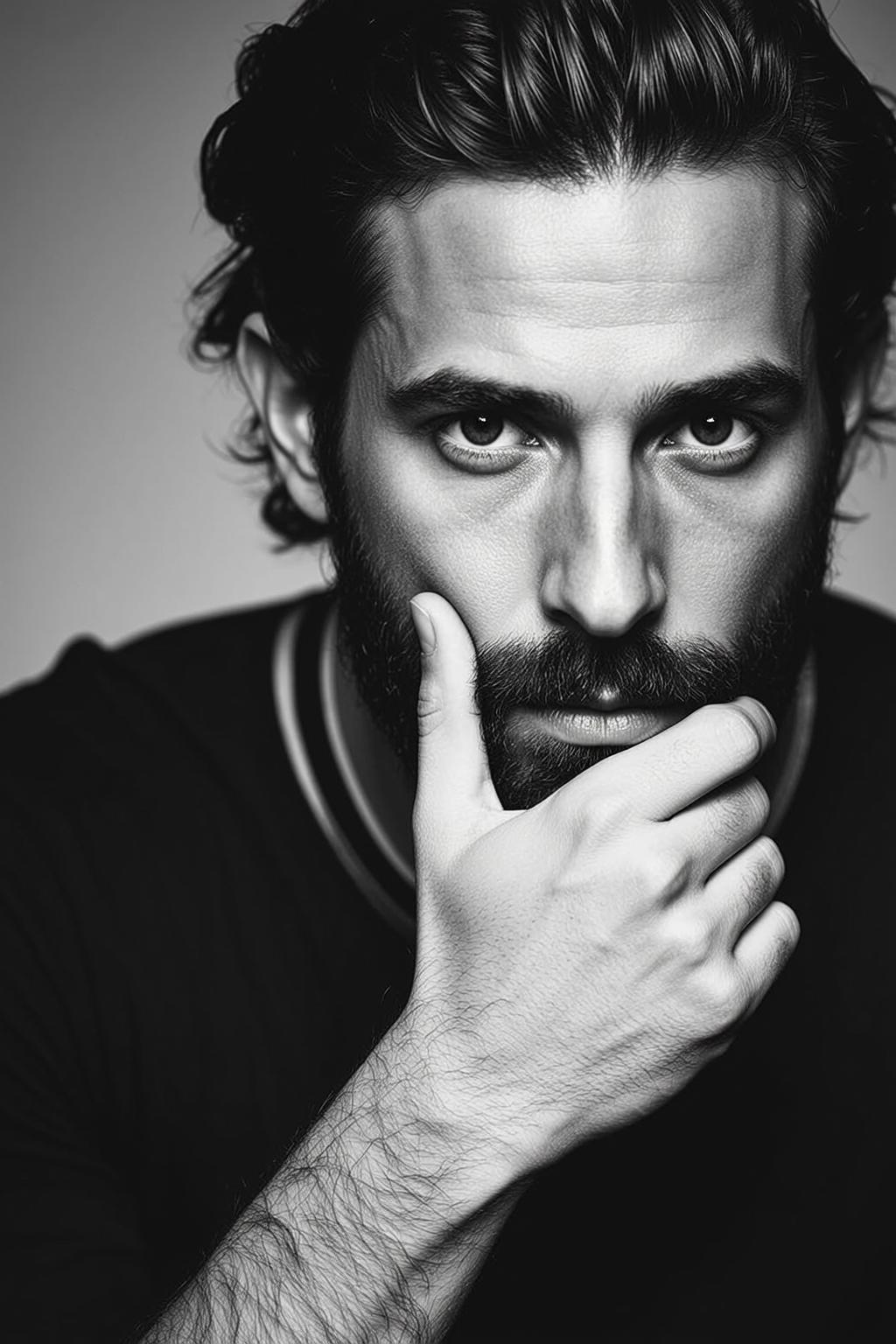 Photorealistic Black And White Medium Close-up Portrait Man With Dark