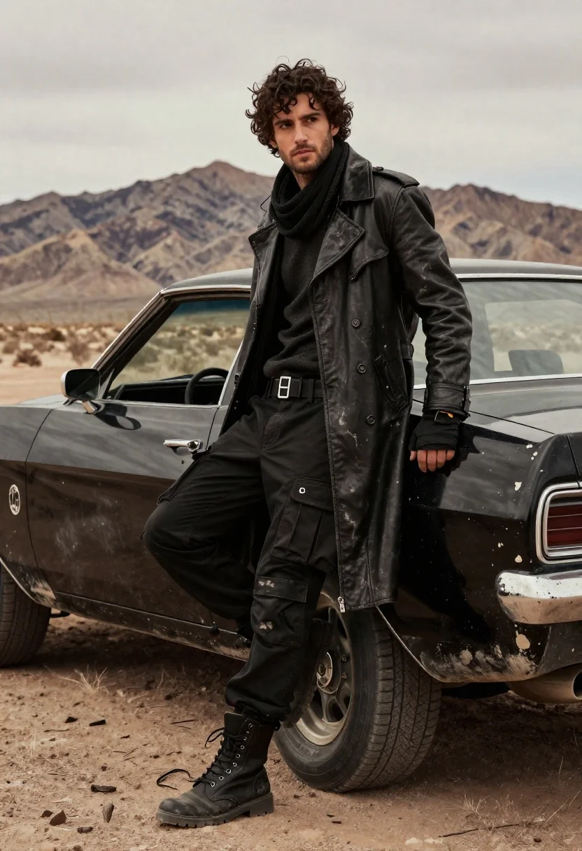 Rugged Young Man With Dark Curly Hair Leans Casually Against