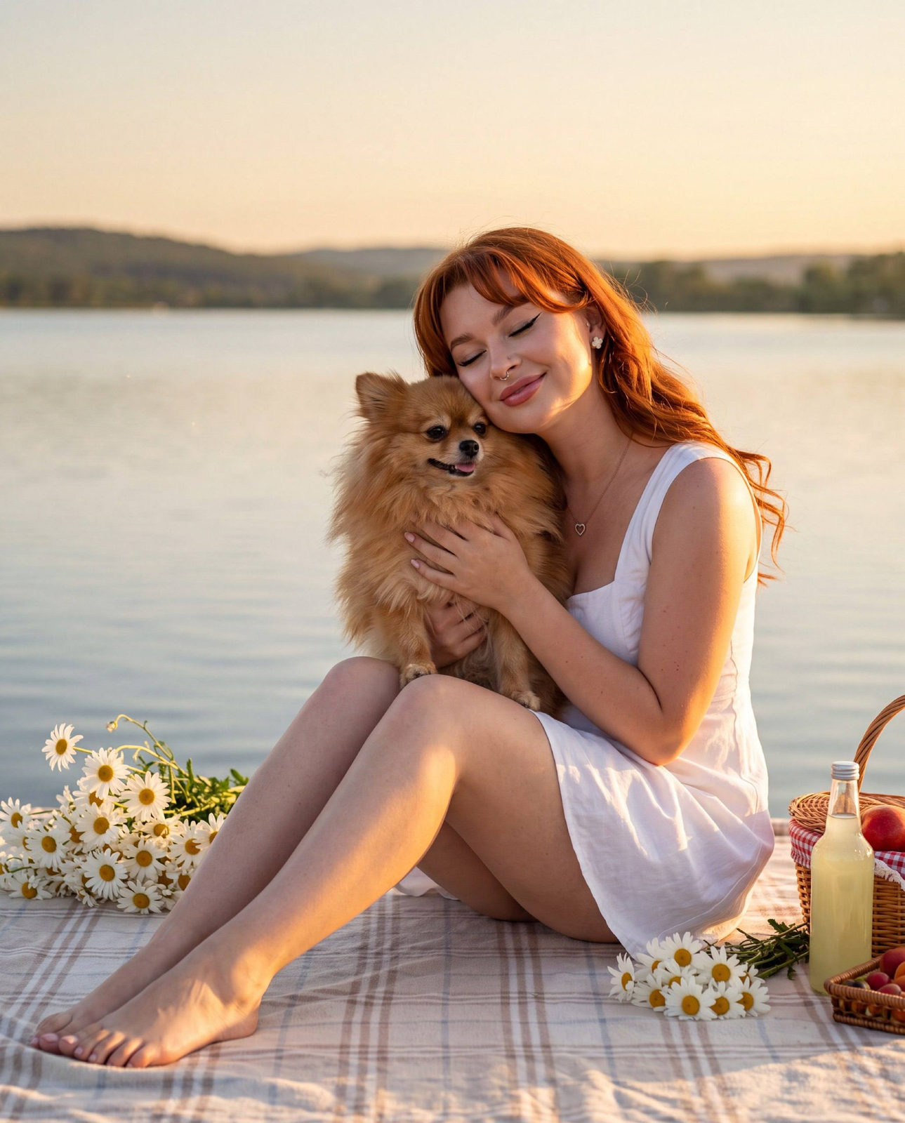 Happy With Dog On Blanket By Lake