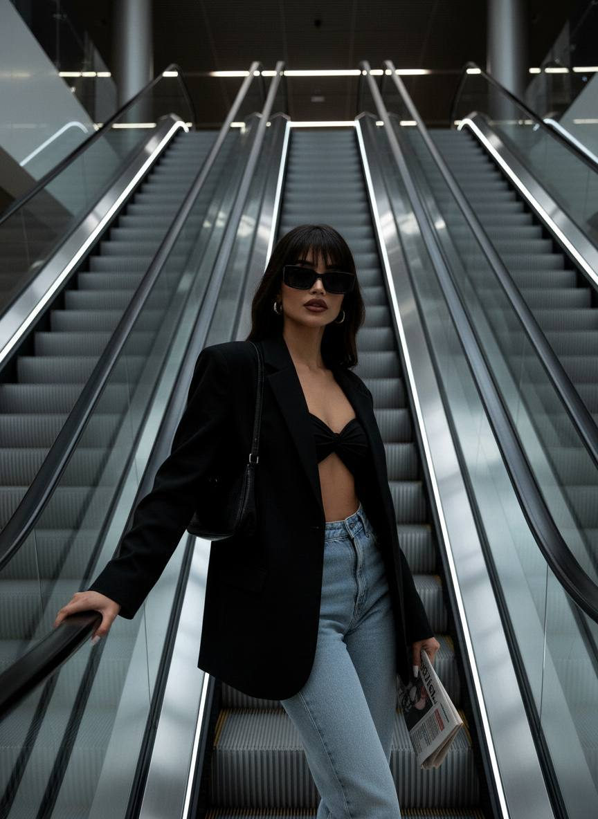A confident model on an escalator, wearing an oversized blazer, dark lipstick, and stylish sunglasses against a moody architectural background.