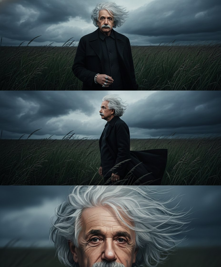Close-up of a man in a black trench coat, wind-swept hair, sharp eyes amidst dark grass and an overcast sky.