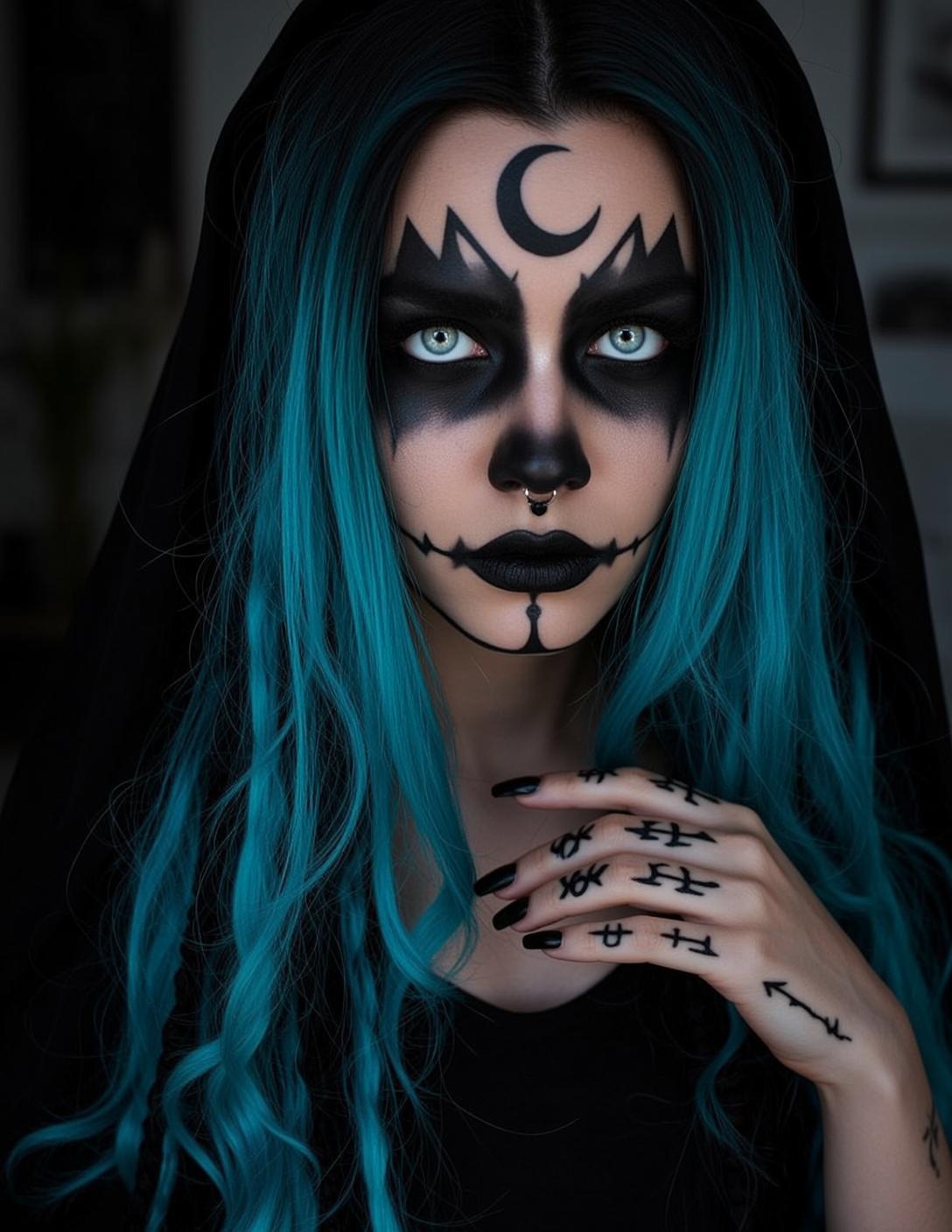 Halloween Makeup Elaborate Long Wavy Bright Teal