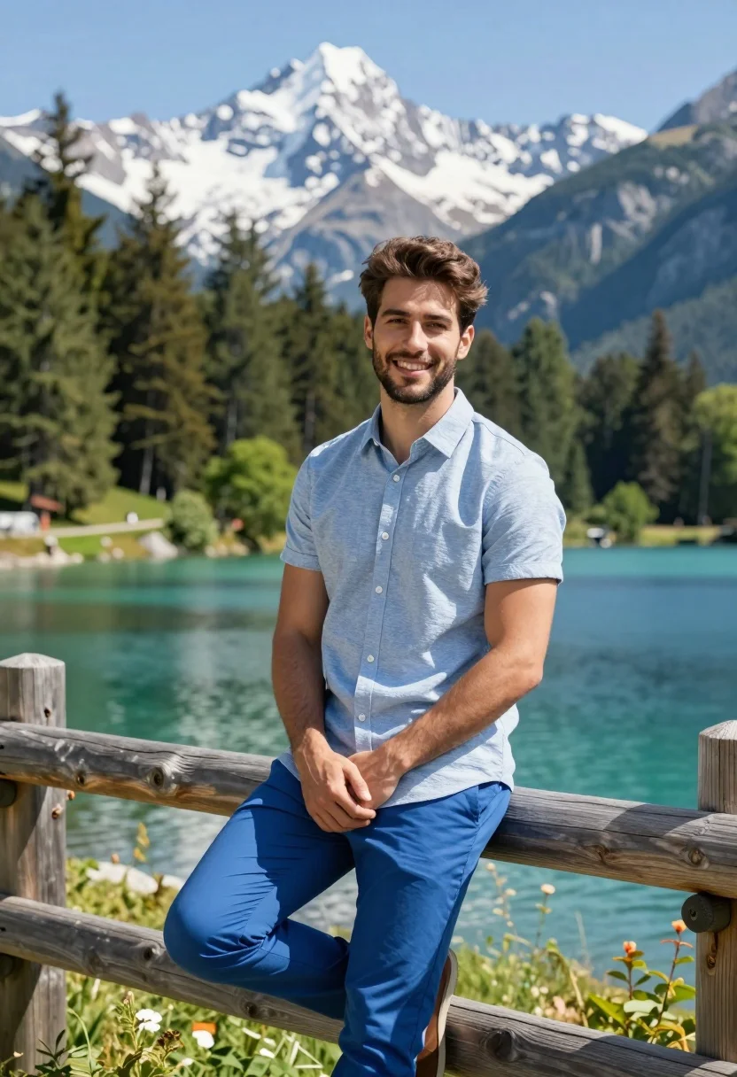 Handsome Man With Dark Hair And Light Beard Stands Leaning