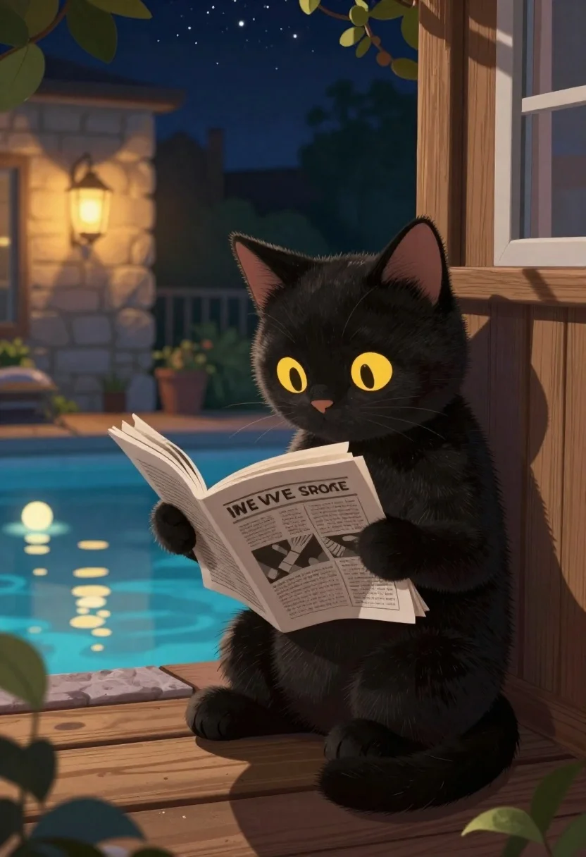 Digital Illustration Black Kitten Reading Newspaper Night Wooden Porch Subject reference photo
