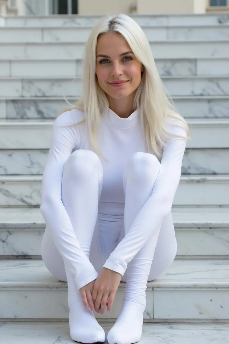 Platinum Hair White Bodysuit Marble Stairs Medium Shot