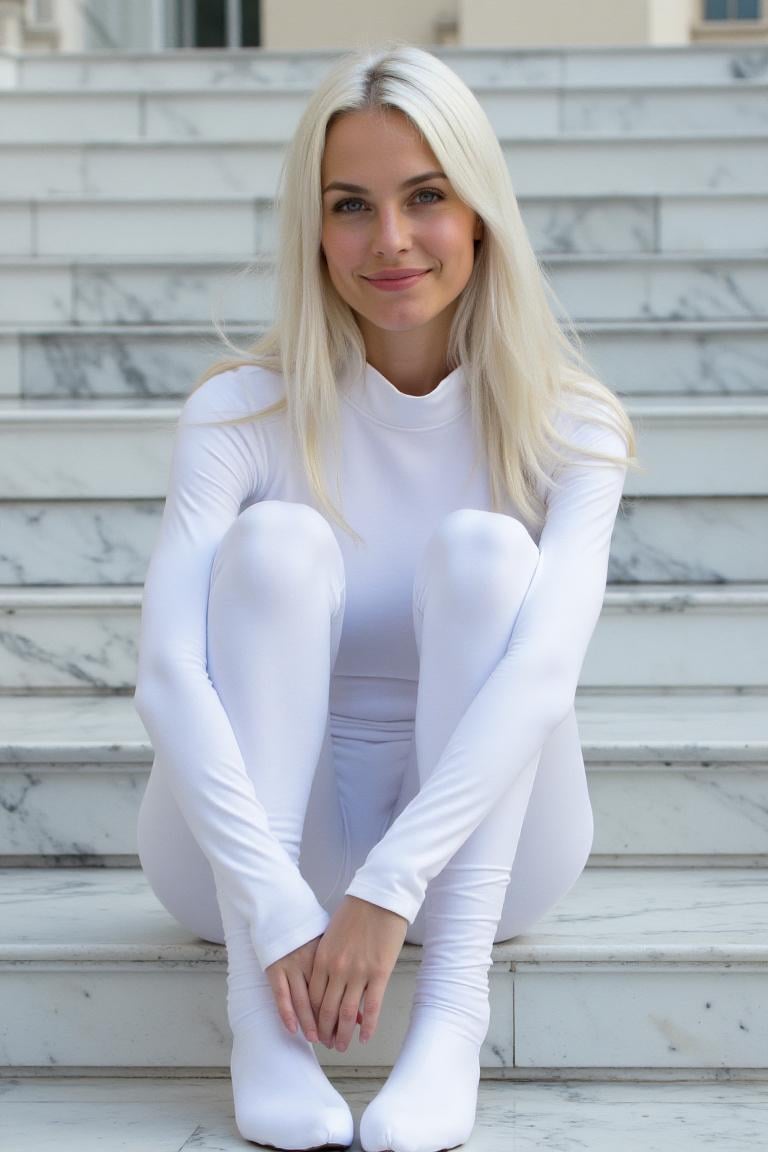 Platinum Hair White Bodysuit Marble Stairs Medium Shot