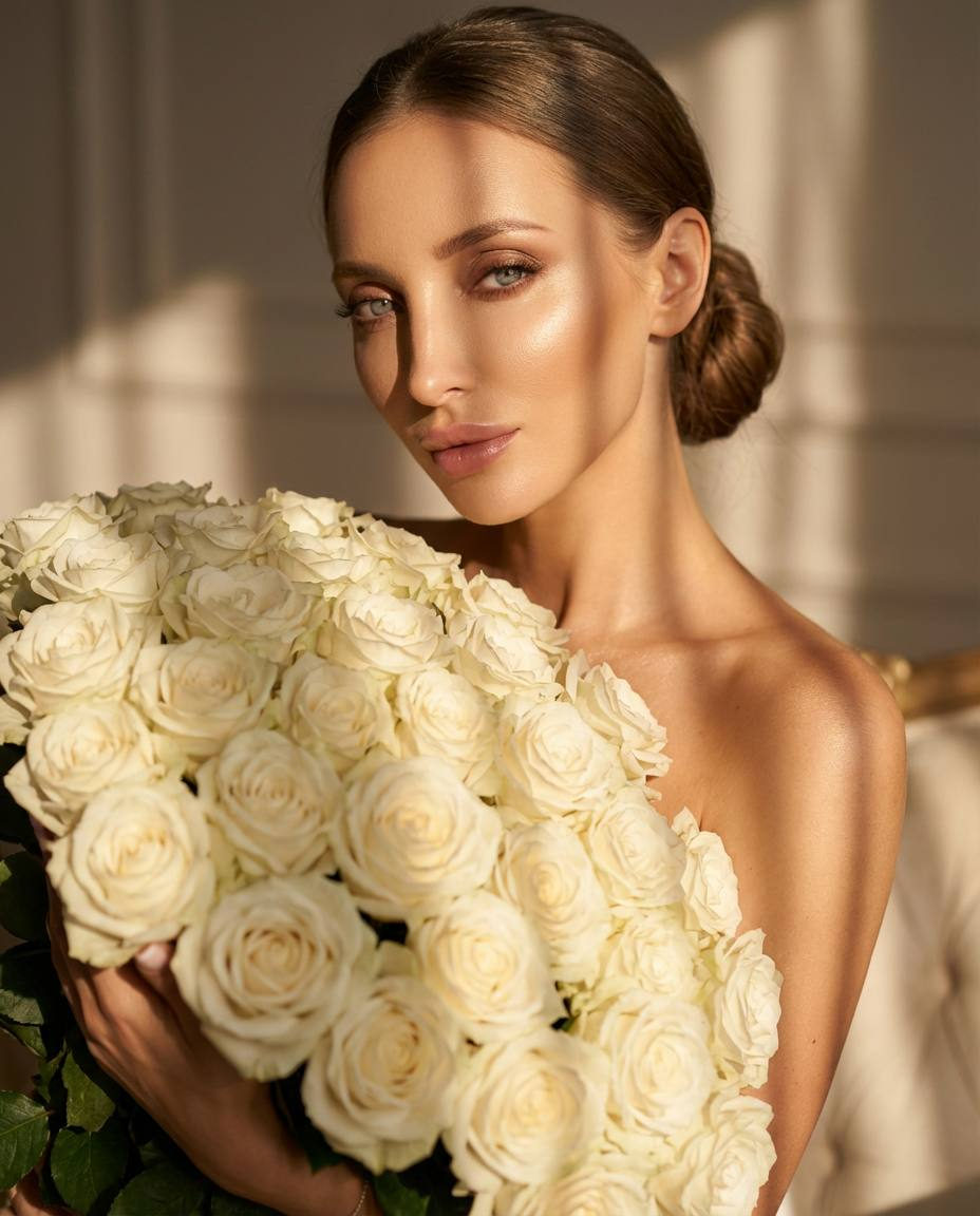 A high-end fashion photograph showcasing a soft focus background with warm golden hour lighting.