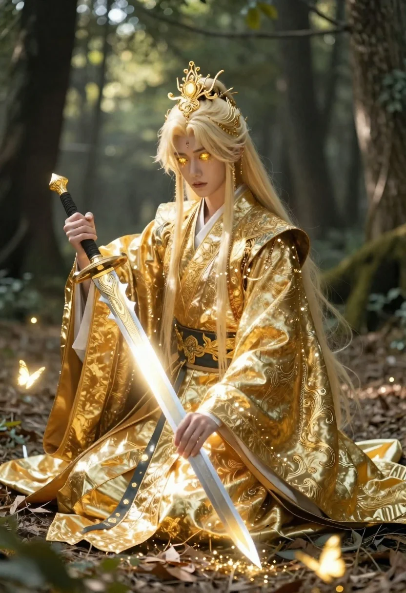 Golden-hued Anime-style Warrior Kneeling Sunlit Forest Clearing Subject Warrior With reference photo
