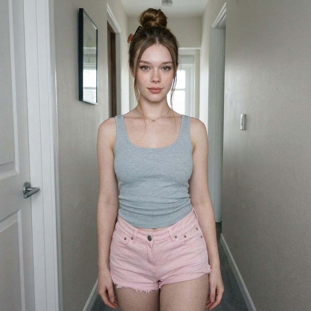 Gray Tank Pink Shorts Hallway Portrait
