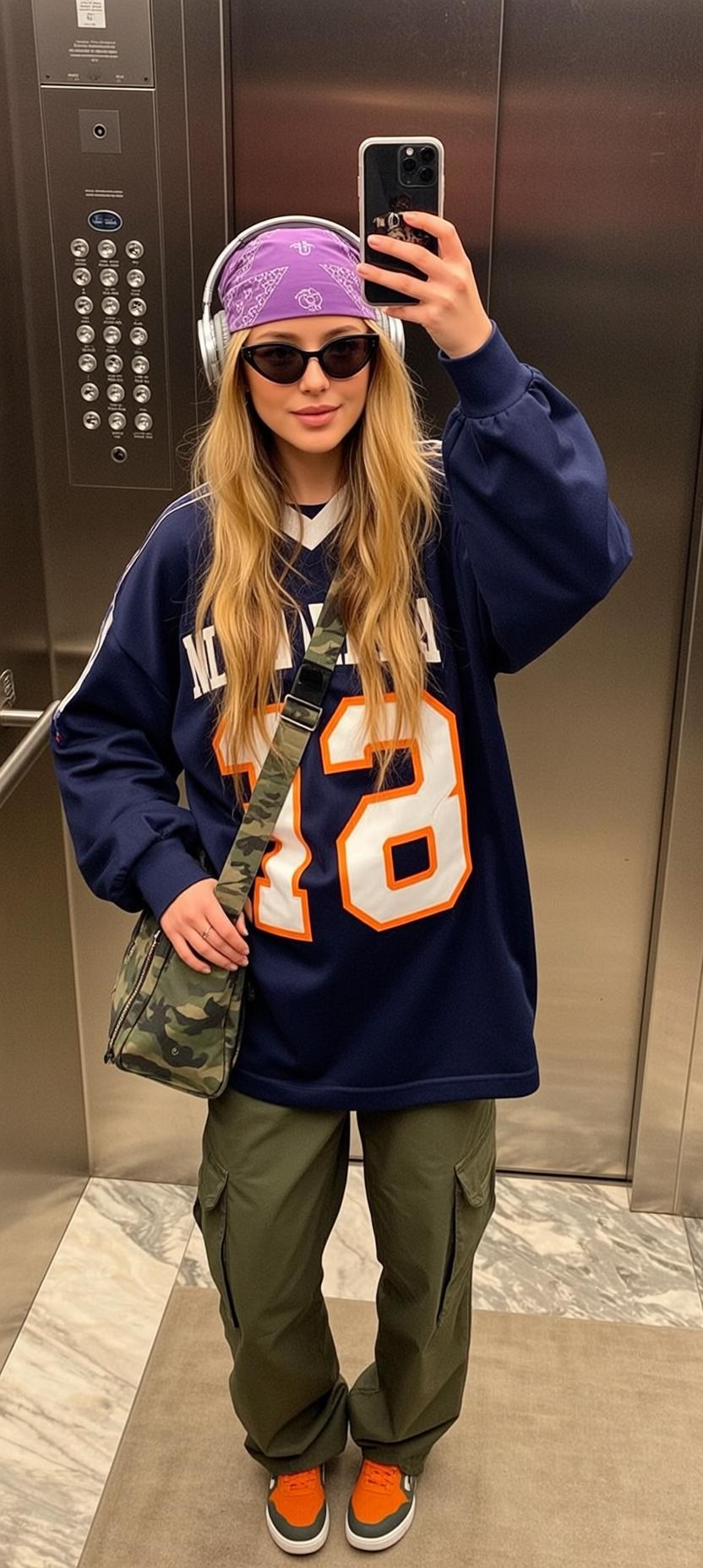 Blonde Woman Selfie Elevator Olive Cargo Pants