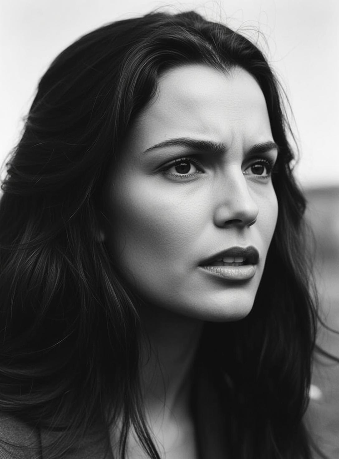 Black And White Medium Close-up Portrait Young Woman With Dark
