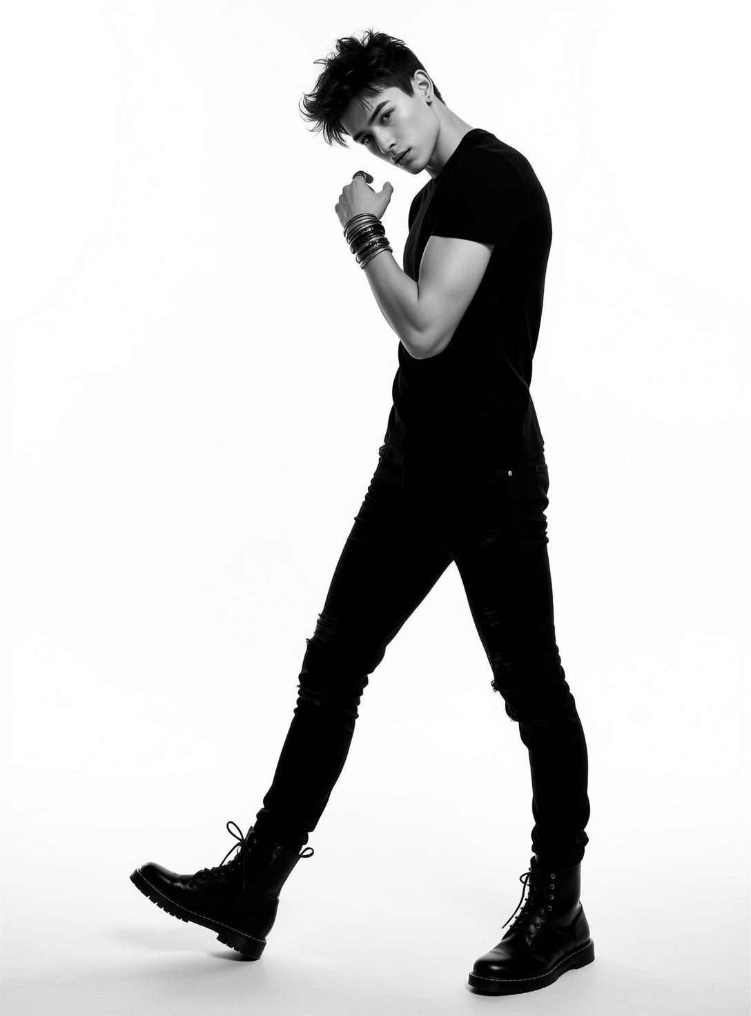 Full-body Black And White Photorealistic Portrait Shows Young Man Dynamic