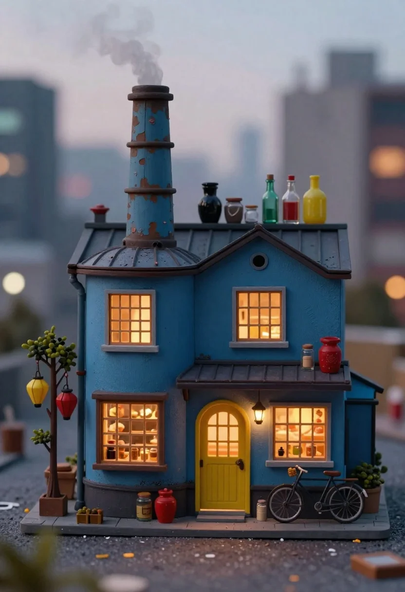 Whimsical Miniature Diorama Cozy Blue Factory House With Yellow Arched reference photo