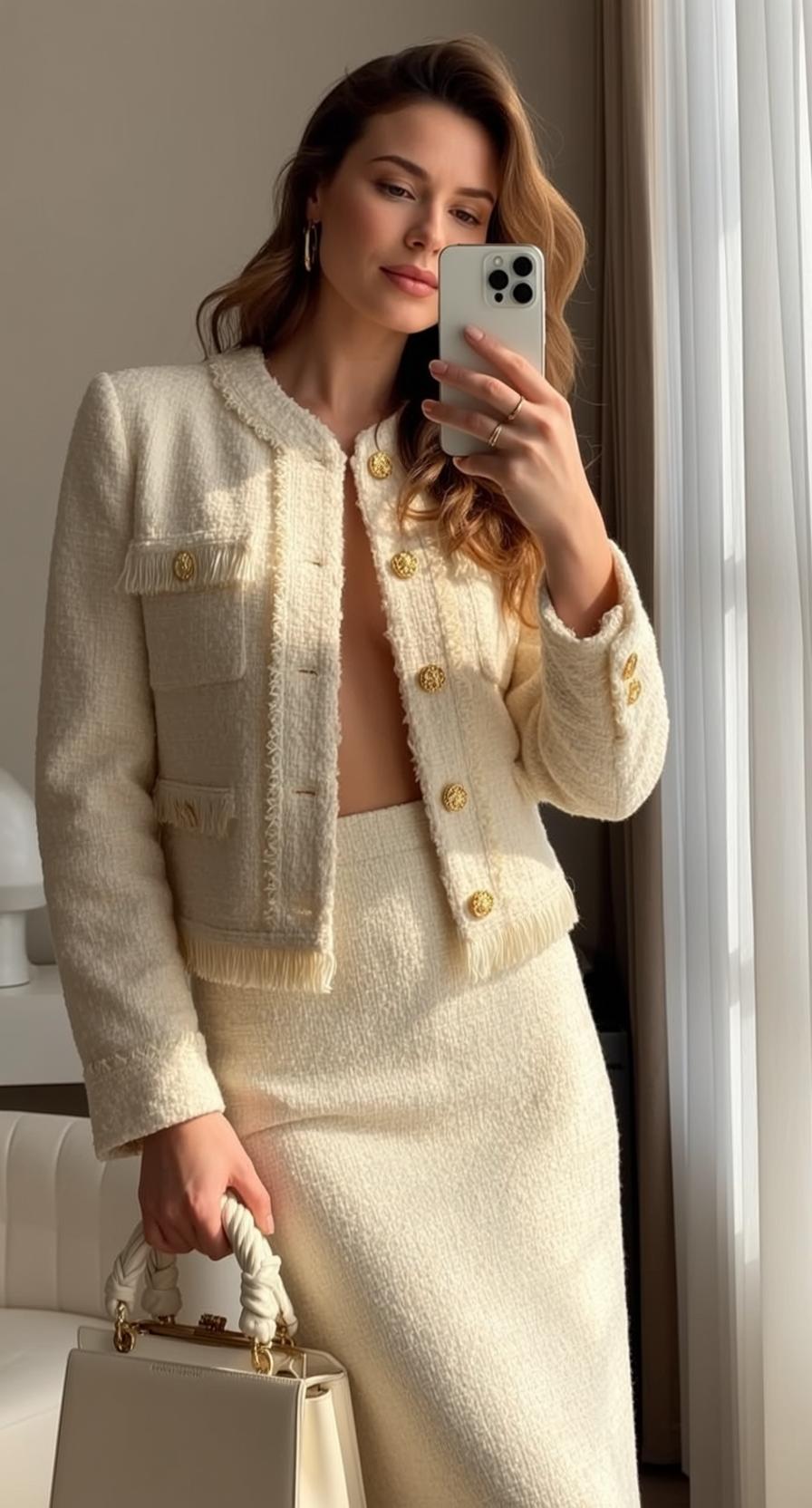Taking Selfie Cream Tweed Jacket Window Light
