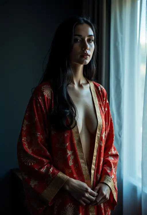 A woman stands in a dark bedroom, illuminated by soft bluish-gray light, wearing an intricately patterned red and gold kimono.
