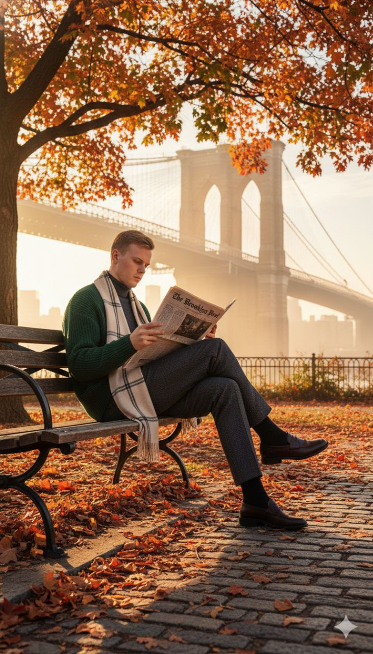 A man in a dark turtleneck and wool cardigan sits on a wooden bench under a tree, with autumn leaves surrounding the Brooklyn Bridge in the background.