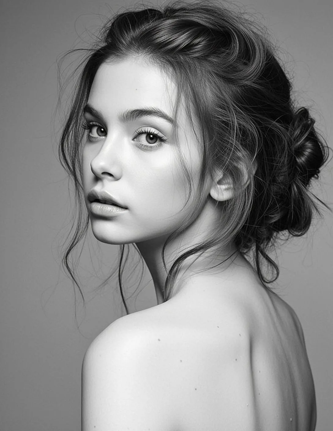 Photorealistic Black And White Medium Shot Portrait Young Woman With